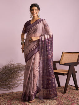 Akhilam - Women Linen Purple Printed Saree with Unstitched Blouse
