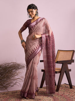 Akhilam - Women Linen Maroon Printed Saree with Unstitched Blouse