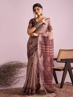 Akhilam - Women Linen Rust Printed Saree with Unstitched Blouse