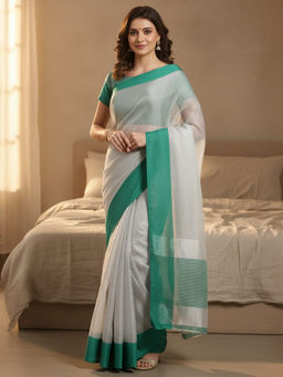 Akhilam - Women Silk Blend Teal Stripes Saree with Unstitched Blouse