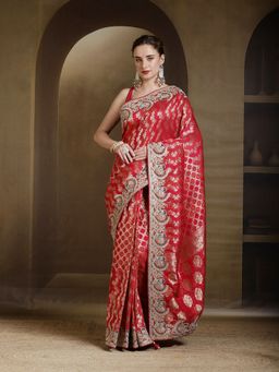 MEENA BAZAAR - Embroidered Art Silk Pink Saree without Blouse