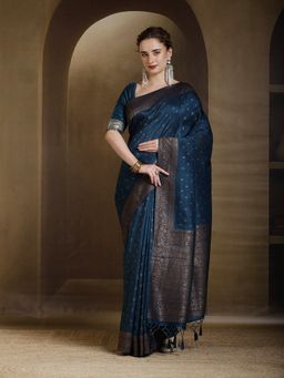 MEENA BAZAAR - Woven Zari Art Silk Blue Saree without Blouse