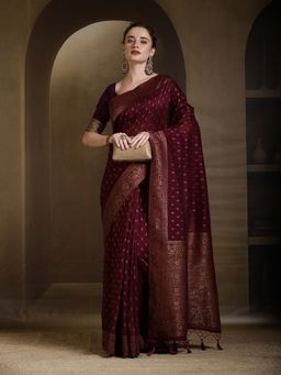 MEENA BAZAAR - Woven Zari Art Silk Wine Saree without Blouse