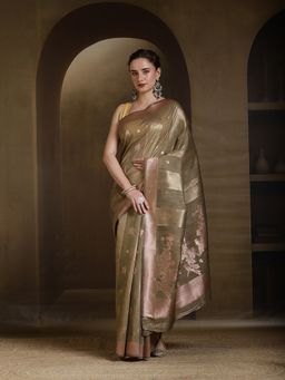 MEENA BAZAAR - Woven Zari Linen Khaki Saree without Blouse