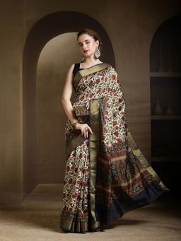 MEENA BAZAAR - Floral Printed Art Silk Green Saree without Blouse