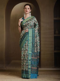 MEENA BAZAAR - Floral Printed Art Silk Blue Saree without Blouse