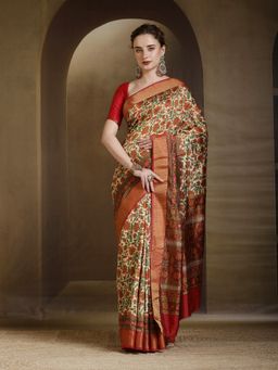 MEENA BAZAAR - Floral Printed Art Silk Multi Color Saree without Blouse