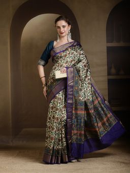 MEENA BAZAAR - Floral Printed Art Silk Purple Saree without Blouse