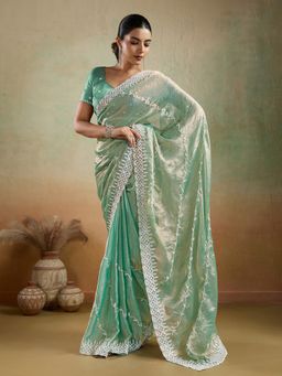 MEENA BAZAAR - Embroidered Chiffon Green Saree without Blouse