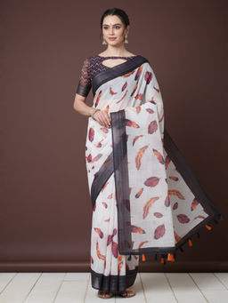 Akhilam - Women Linen White Printed Saree with Unstitched Blouse