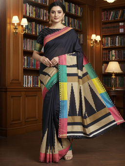 Akhilam - Women Silk Blend Black Printed Saree with Unstitched Blouse