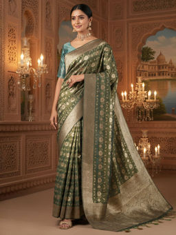 Akhilam - Women Organza Olive Woven Saree with Unstitched Blouse