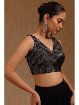 Soch - Women Satin Striped Stitched Black Padded Blouse