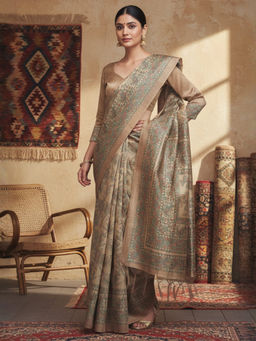 Akhilam - Women Cotton Silk Beige Printed Saree with Unstitched Blouse