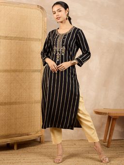 CHETI - Women Stripes Embroidered Black Kurti