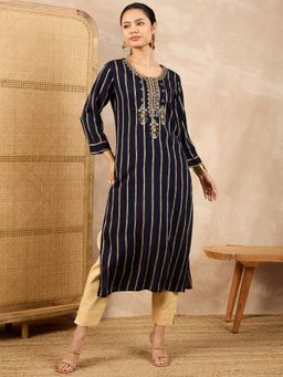 CHETI - Women Stripes Embroidered Blue Kurti