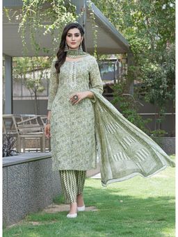 BulBul - Fashionista Cotton Floral Print Green Kurta with Pant and Dupatta