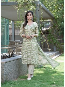 BulBul - Fashionista Floral Cotton Green Kurta with Pant and Dupatta