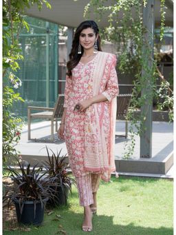 BulBul - Fashionista Floral Cotton Red Kurta with Pant and Dupatta