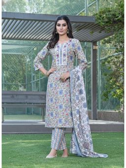 BulBul - Fashionista Floral Cotton Grey Kurta with Pant and Dupatta
