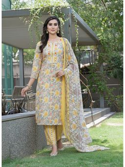 BulBul - Fashionista Floral Cotton Mustard Kurta with Pant and Dupatta