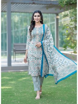BulBul - Fashionista Floral Cotton Green Kurta with Pant and Dupatta