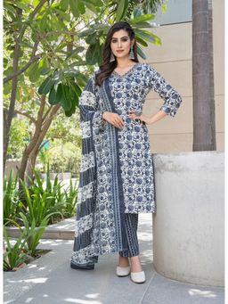 BulBul - Fashionista Floral Cotton Navy Blue Kurta with Pant and Dupatta