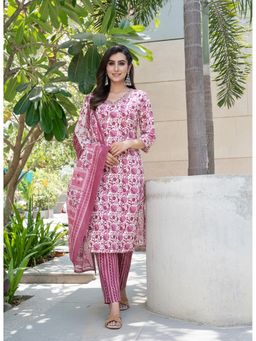 BulBul - Fashionista Floral Cotton Wine Kurta with Pant and Dupatta