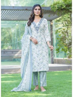 BulBul - Fashionista Cotton Floral Embroidered Blue Kurta with Pant and Dupatta