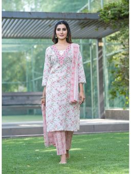 BulBul - Fashionista Cotton Floral Embroidered Red Kurta with Pant and Dupatta