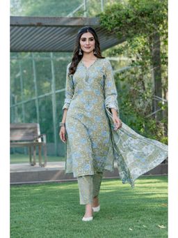 BulBul - Fashionista Floral Cotton Green Kurta with Pant and Dupatta