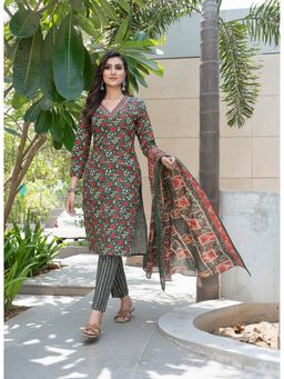 BulBul - Fashionista Floral Cotton Green Kurta with Pant and Dupatta