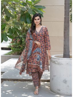 BulBul - Fashionista Floral Cotton Rust Kurta with Pant and Dupatta