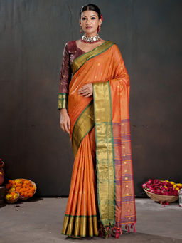 Akhilam - Women Silk Blend Woven Orange Saree with Unstitched Blouse