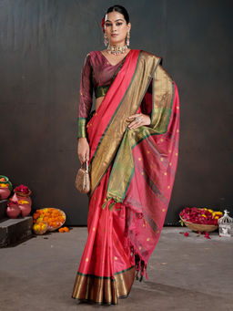 Akhilam - Women Pink Silk Blend Woven Saree with Unstitched Blouse