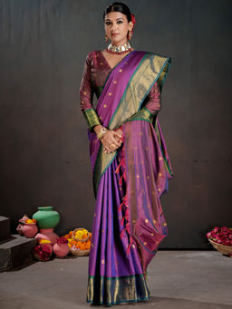 Akhilam - Women Purple Silk Blend Woven Saree with Unstitched Blouse