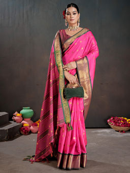 Akhilam - Pink Silk Blend Woven Saree with Unstitched Blouse