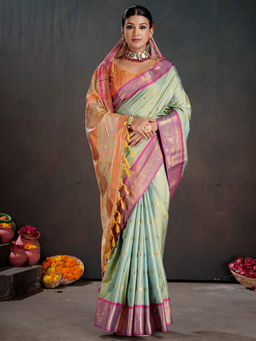 Akhilam - Women Silk Blend Green Woven Saree with Unstitched Blouse