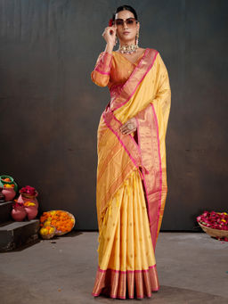 Akhilam - Women Yellow Silk Blend Woven Saree with Unstitched Blouse