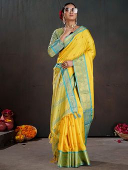 Akhilam - Women Silk Blend Woven Yellow Saree with Unstitched Blouse