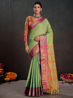 Akhilam - Silk Blend Green Woven Saree with Unstitched Blouse