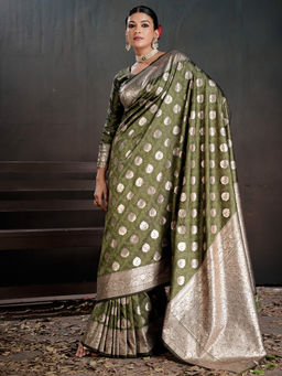 Akhilam - Women Green Woven Silk Blend Saree with Unstitched Blouse
