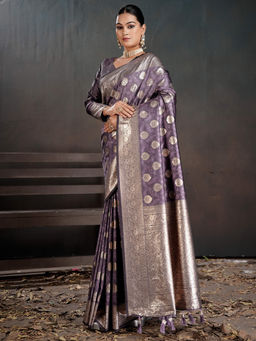 Akhilam - Women Silk Blend Lavender Woven Saree with Unstitched Blouse