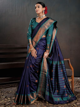 Akhilam - Women Navy Blue Silk Blend Woven Saree with Unstitched Blouse