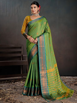 Akhilam - Silk Blend Woven Green Saree with Unstitched Blouse