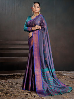 Akhilam - Women Blue Woven Saree with Unstitched Blouse