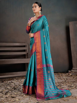 Akhilam - Women Turquoise Silk Blend Woven Saree with Unstitched Blouse