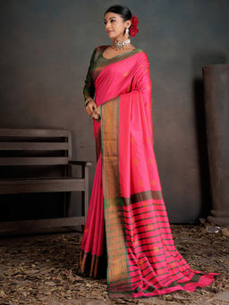 Akhilam - Women Woven Silk Blend Pink Saree with Unstitched Blouse