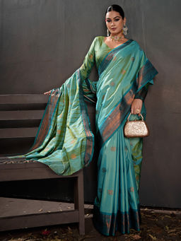 Akhilam - Women Green Woven Saree with Unstitched Blouse