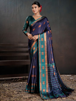 Akhilam - Women Silk Blend Navy Blue Woven Saree with Unstitched Blouse